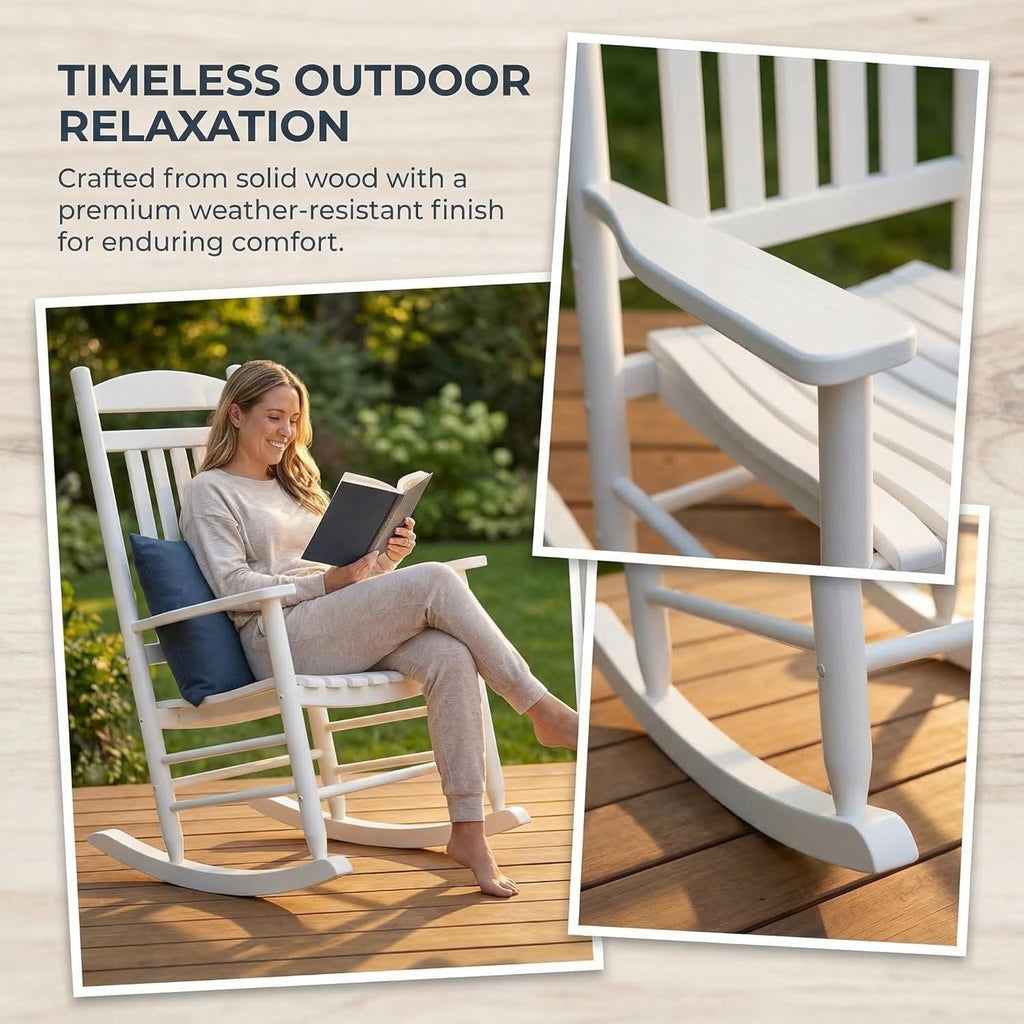 Wooden Outdoor Rocking Chair, Weatherproof Oversized Rocking Chair, Heavy Duty Comfort with 350 lbs Weight Capacity, Solid Relaxing Rocker with High Back for Patio, Porch, Living Room (white)