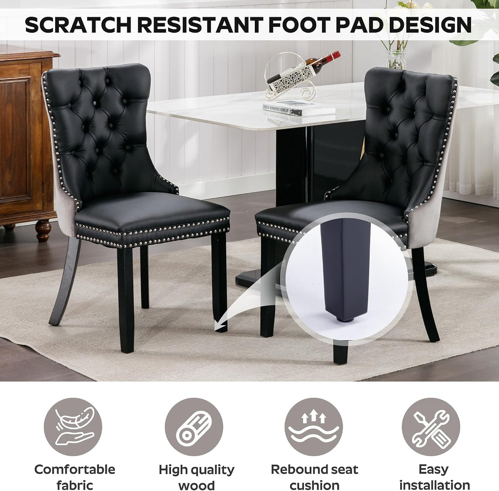 36" Luxury Glass Round Dining Table Set with 4 Velvet& PU Leather Upholstered Dining Chairs, Wooden Legs, Glass Table Top with Black Crossed Metal Legs(Black&Gray)