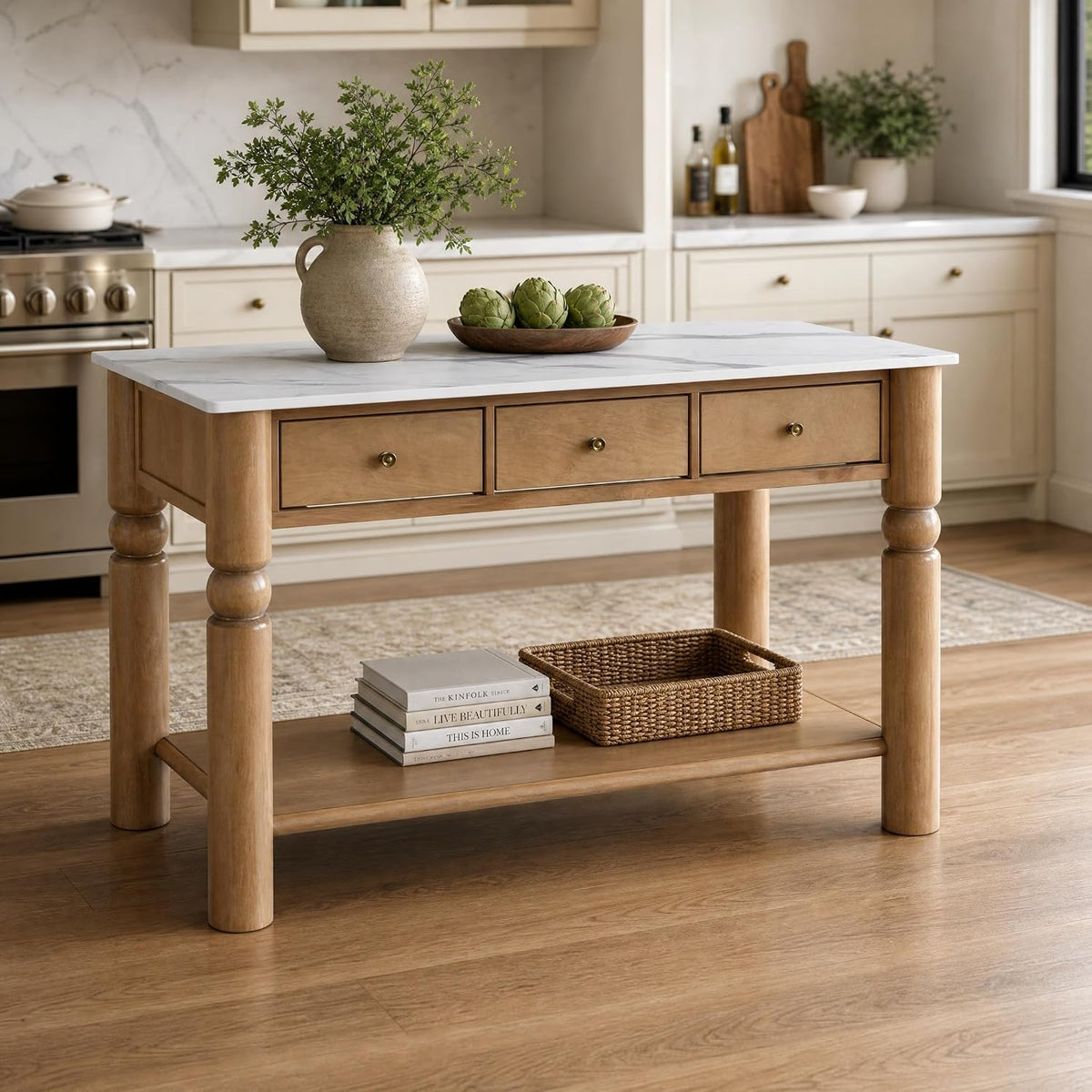 Christopher Knight Home Athen Wooden Kitchen Island with Storage & Marble-Look Tabletop, Island Table for Kitchen, Turned Ball Legs, Storage Cabinet with Drawers + Open Shelf, Walnut + White