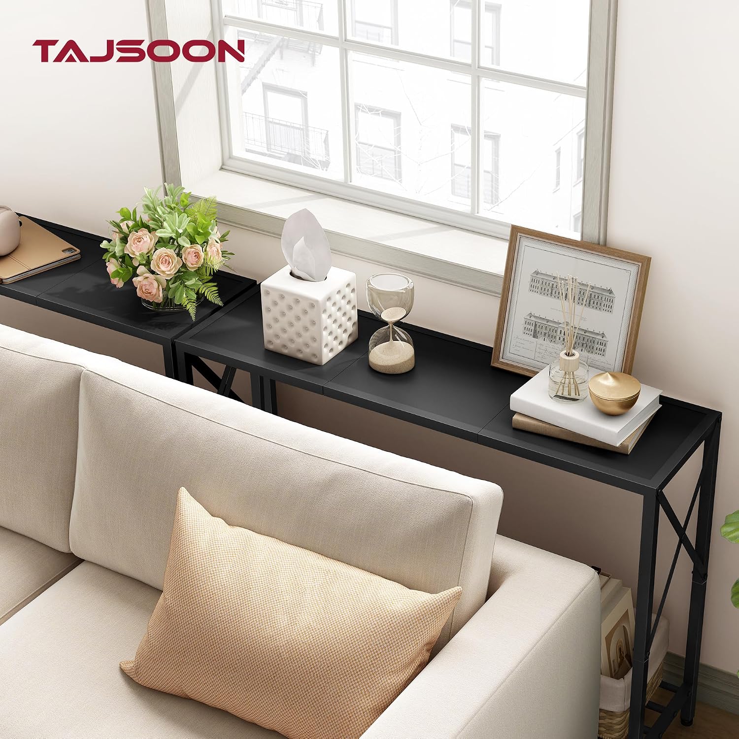 Tajsoon Console Table 41.8", 2 Tier Narrow Entryway Table with Shelves | Black Sofa Table with Stable X-Frame, Behind The Couch, for Entryway, Hallway, Entrance, Living Room, Foyer, Office, Black