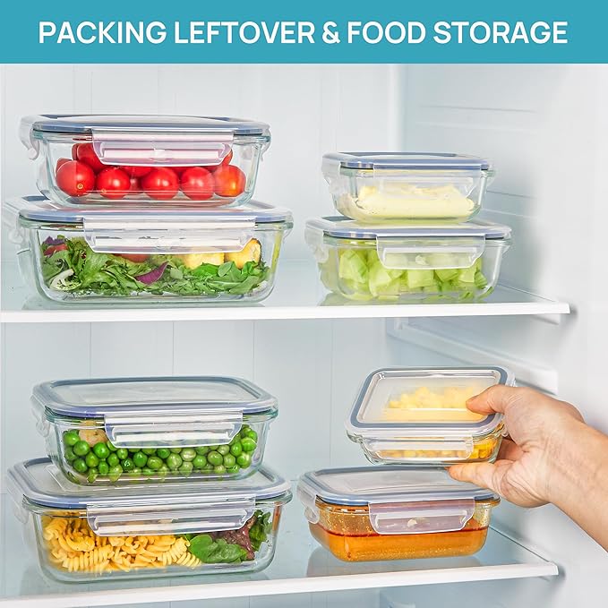 Vtopmart 20Pack Glass Food Storage Containers with Lids, Meal Prep Containers, Airtight Lunch Containers Bento Boxes with Snap Locking Lids, for Microwave, Oven, Freezer and Dishwasher