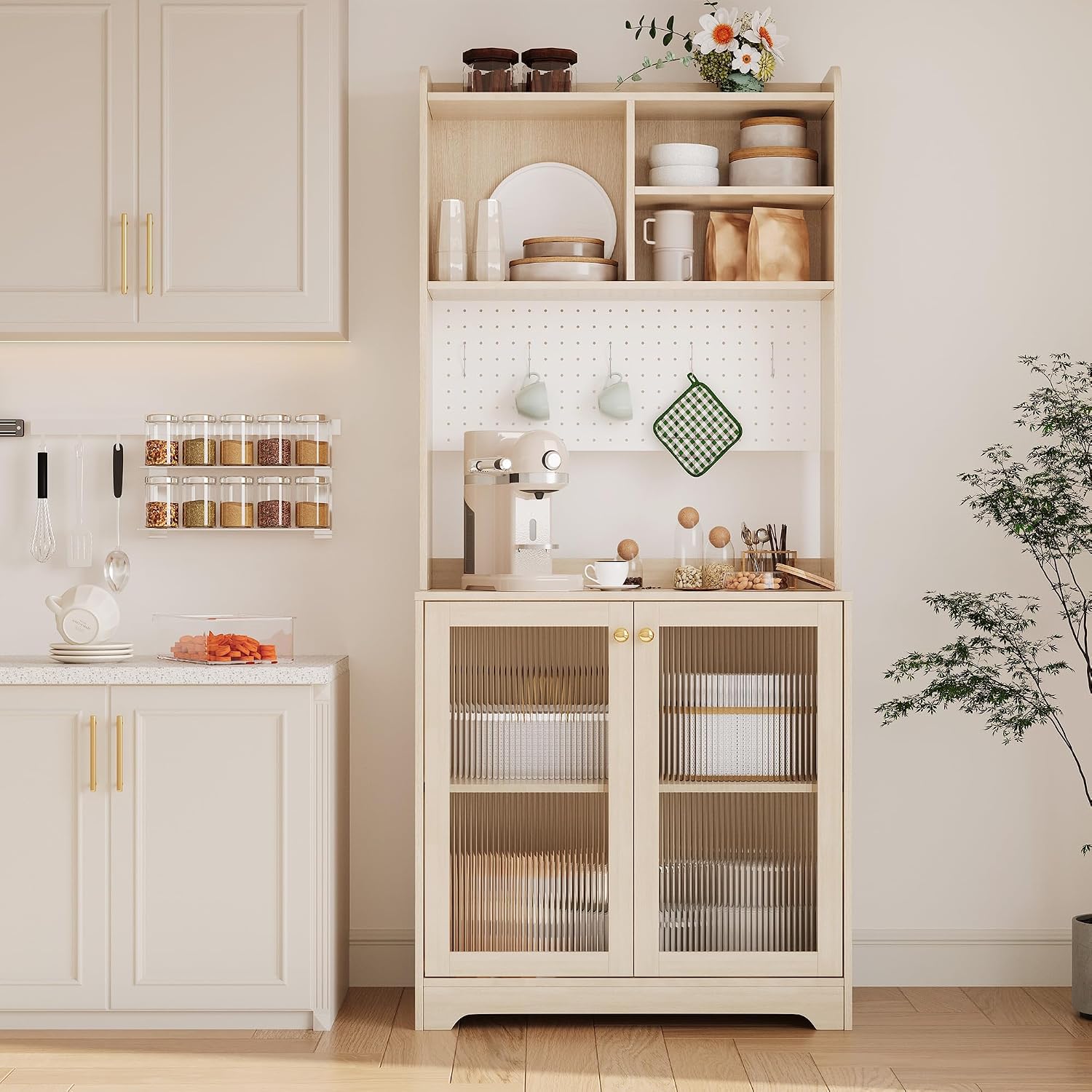 71" Kitchen Pantry Cabinet, Wooden Tall Sideboard Buffet Cabinet with 6 S-shaped Hooks, Pegboard and Hutch, Microwave Stand, Pantry Storage Organizers Coffee Bar for Dining Room or Living Room, Oak