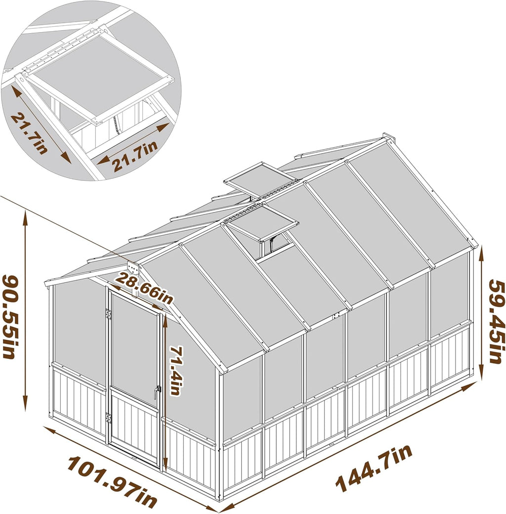8x12 FT Greenhouse Kit with 6MM Thick Polycarbonate Panel for Outdoor, Wooden Walk-in Green House with Adjustable Roof Vent and Lockable Door, Backyard, Garden, Light Mocha Brown