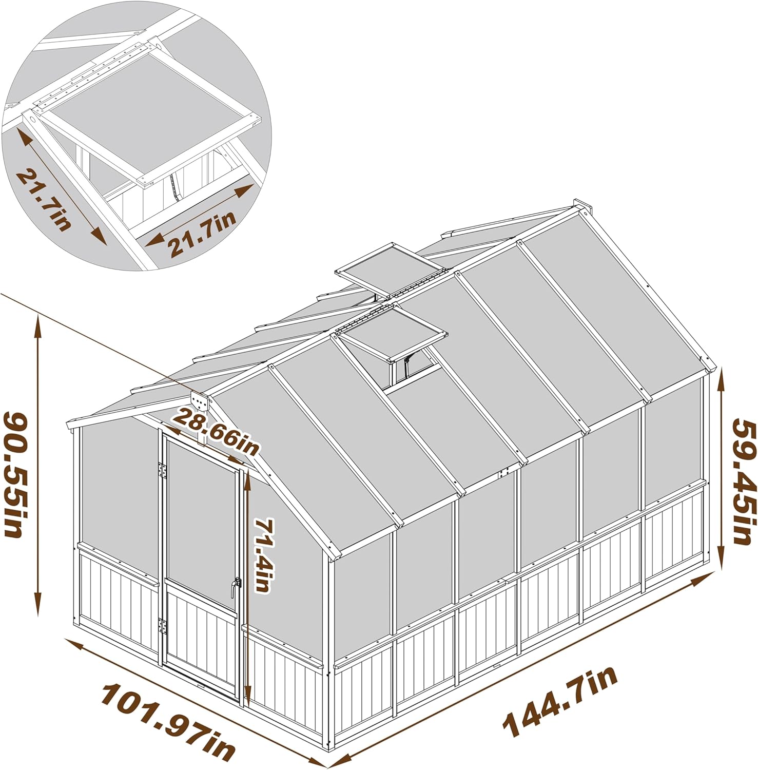 8x12 FT Greenhouse Kit with 6MM Thick Polycarbonate Panel for Outdoor, Wooden Walk-in Green House with Adjustable Roof Vent and Lockable Door, Backyard, Garden, Light Mocha Brown