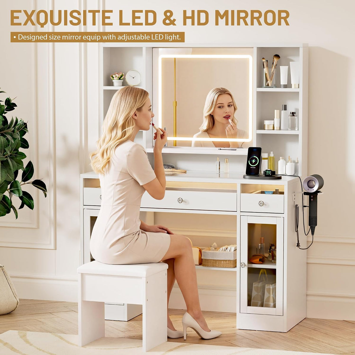 LIVELYGLOW 43.3" White Large Makeup Vanity Desk with Glass Top & RGB Lights