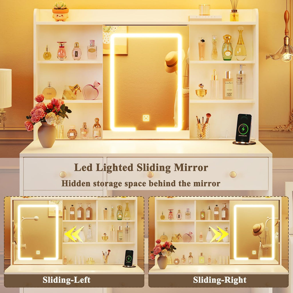 HUAHUU 37.4" Vanity Desk with Mirror and Lights, Makeup Vanity with LED Sliding Mirror, 3-Color Lights, USB/Type-C Charging, White Vanity Desk with Storage Cabinet, 2 Drawers & 6 Shelves for Bedroom