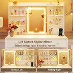 HUAHUU 37.4" Vanity Desk with Mirror and Lights, Makeup Vanity with LED Sliding Mirror, 3-Color Lights, USB/Type-C Charging, White Vanity Desk with Storage Cabinet, 2 Drawers & 6 Shelves for Bedroom