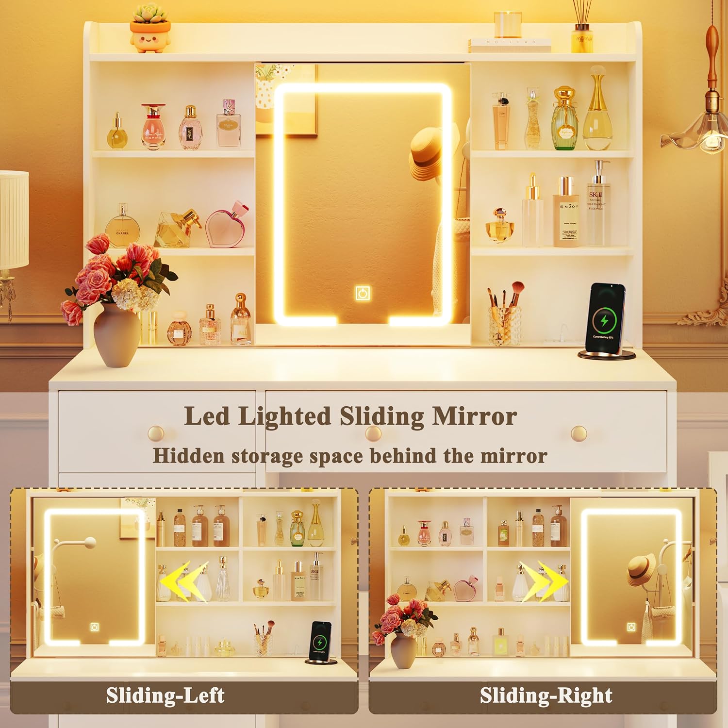 HUAHUU 37.4" Vanity Desk with Mirror and Lights, Makeup Vanity with LED Sliding Mirror, 3-Color Lights, USB/Type-C Charging, White Vanity Desk with Storage Cabinet, 2 Drawers & 6 Shelves for Bedroom