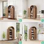 70" Tall Arched Storage Cabinet with 2 Hollow Carved Doors, Boho Kitchen Pantry with 5-Tier Storage Space, Modern Farmhouse Cupboard Bookcase for Living Room, Kitchen, Study, Walnut, 1 PCS