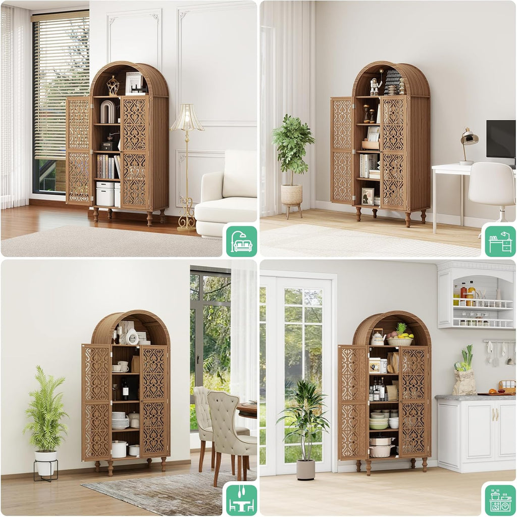70" Tall Arched Kitchen Pantry with 5-Tier Storage Space, Boho Storage Cabinet with Hollow Carved Door, Modern Farmhouse Versatile Cupboard for Kitchen, Dining Room, Living Room, Walnut, 1 PCS