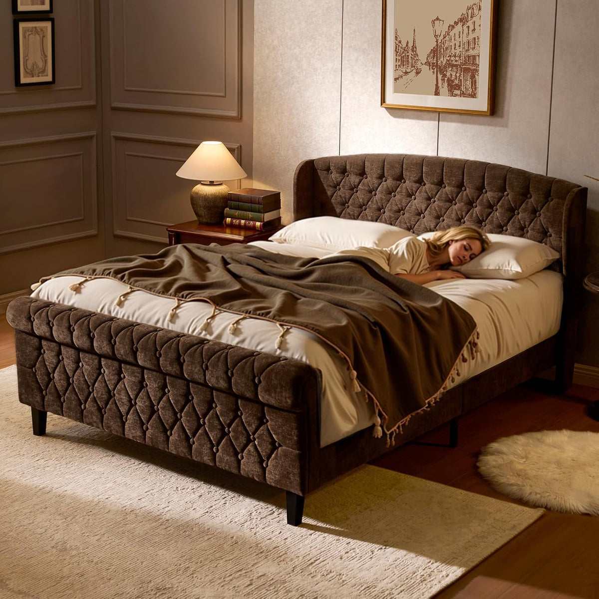 BedsPick Sleigh Queen Bed Frame with Wingback Headboard, Chenille Upholstered Bed Frame Queen Size with Button Tufted Scroll Footboard, Wood Slats Support/No Noise/Easy Assembly/No Box Spring Needed
