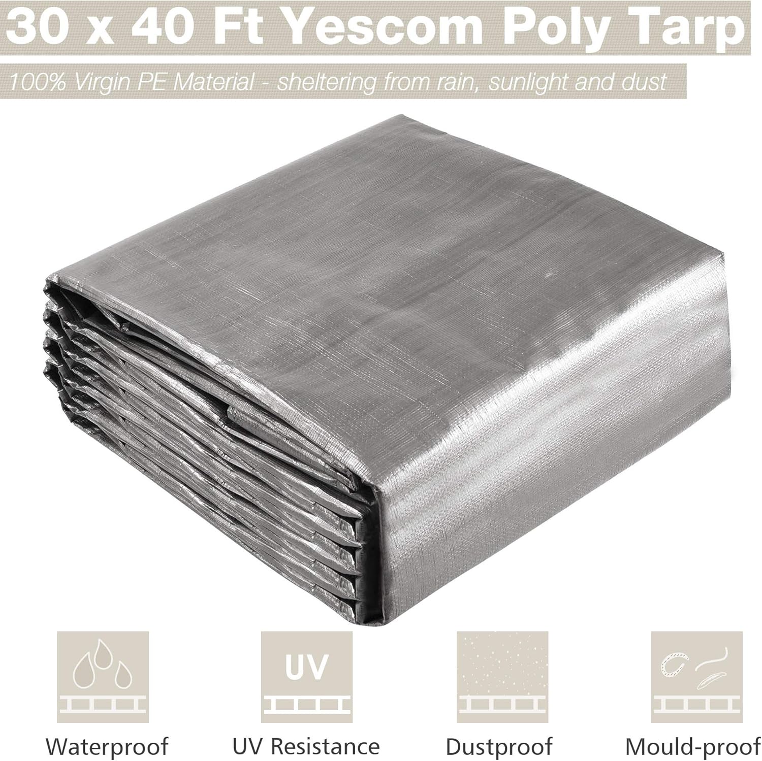 Yescom 30x40FT 14 Mil Heavy Duty Reinforced Poly Tarp Reversible Waterproof Tarpaulin Ground Sheet Cover Reversible Silver Black Tarps