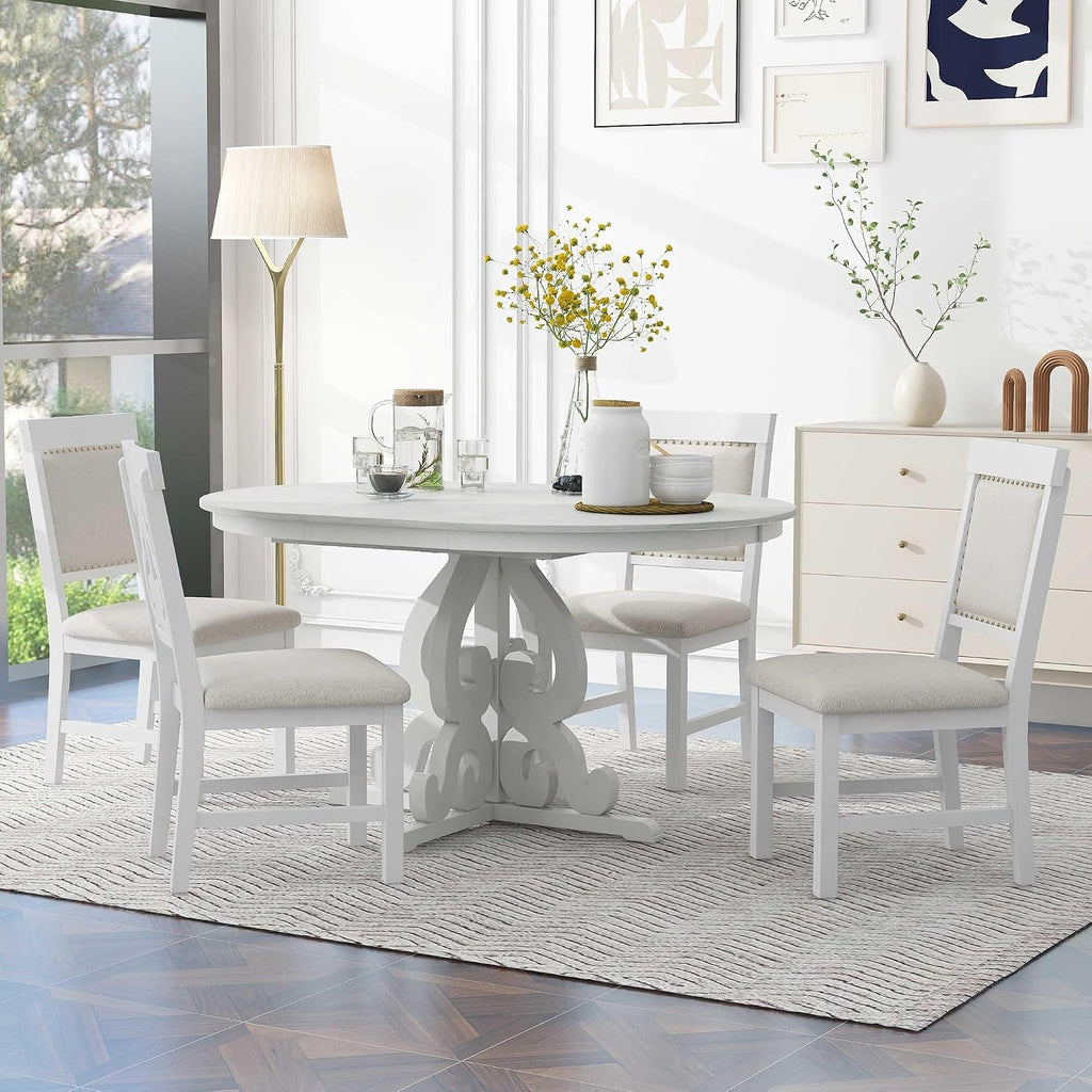 Extendable Dining Table Set for 4-6, Farmhouse Kitchen Table Set with Extendable Round Dining Table & 4 Upholstered Chairs, Solid Wood Table and Chairs Set for Kitchen, Dining Room, Antique White