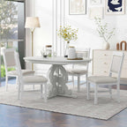 Extendable Dining Table Set for 4-6, Farmhouse Kitchen Table Set with Extendable Round Dining Table & 4 Upholstered Chairs, Solid Wood Table and Chairs Set for Kitchen, Dining Room, Antique White