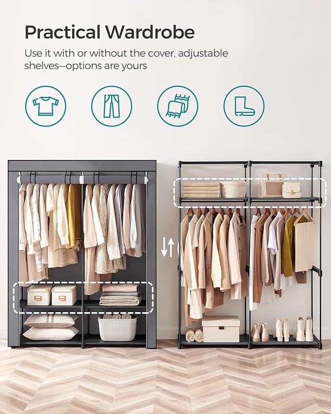 SONGMICS Closet Wardrobe, Portable Closet for Bedroom, Clothes Rail with Non-Woven Fabric Cover, Clothes Storage Organizer, 55.1 x 16.9 x 68.5 Inches, Gray URYG02GY