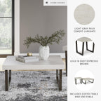 Signature Design by Ashley Westenfort 2-Piece Square Coffee Table Set | Square coffee table and end table sets with light gray faux cement melamine laminate tops, Dark espresso brown hardwood legs