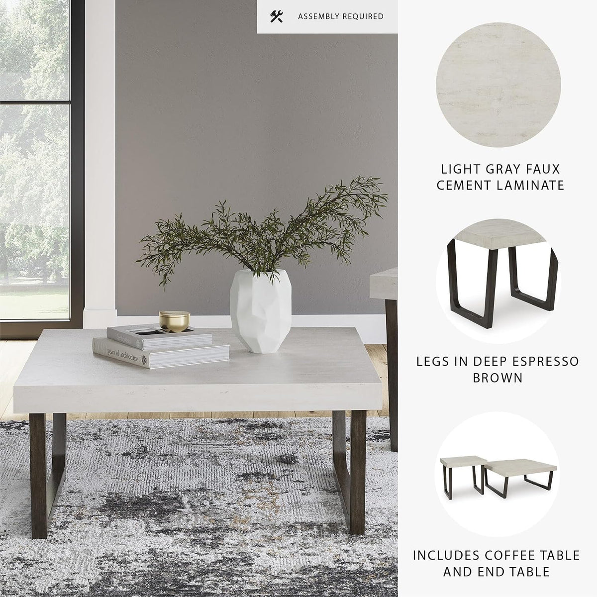Signature Design by Ashley Westenfort 2-Piece Square Coffee Table Set | Square coffee table and end table sets with light gray faux cement melamine laminate tops, Dark espresso brown hardwood legs