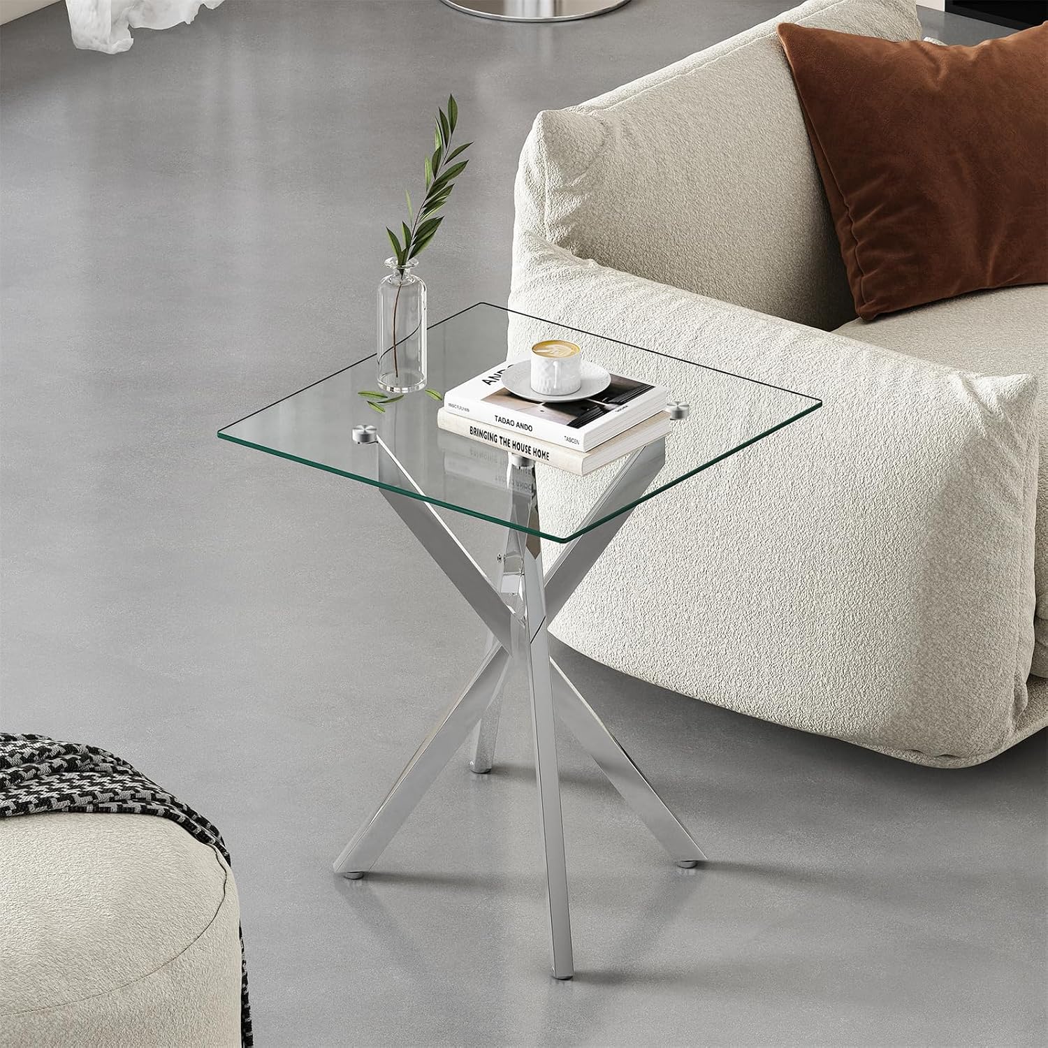 Modern Square End Table with Glass Top, Glass End Side Table for Living Room Office, 17.72 x 17.72 x 20.87 inches, Silver Metal X-Base, Adjustable Feet (1, Silver)