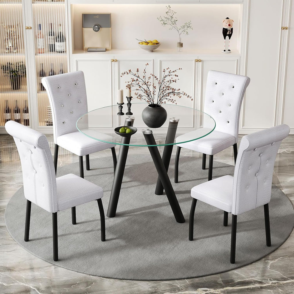 35" Round Dining Table for 4, Modern Round Glass Dining Table with Metal Legs, Round Kitchen Table for Dining Room Home Office Small Spaces