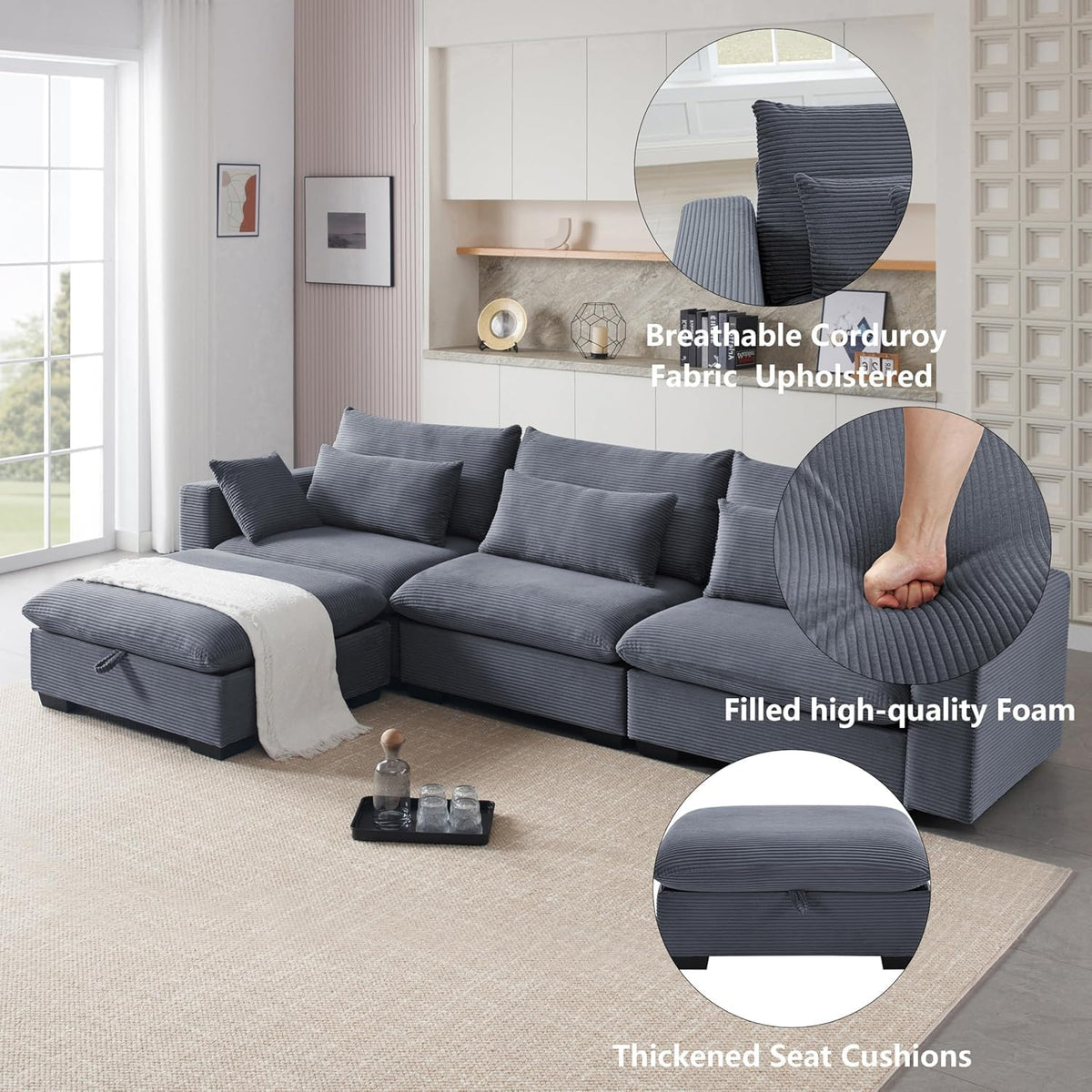 asunflower Modular Sectional Sofa for Living Room, 122.5" 3-Seat U-Shaped Cloud Couch with 2 Storage Ottomans, Easy Assembly Corduroy Couch with Deep Seat for Bedroom, Apartment, Dark Grey