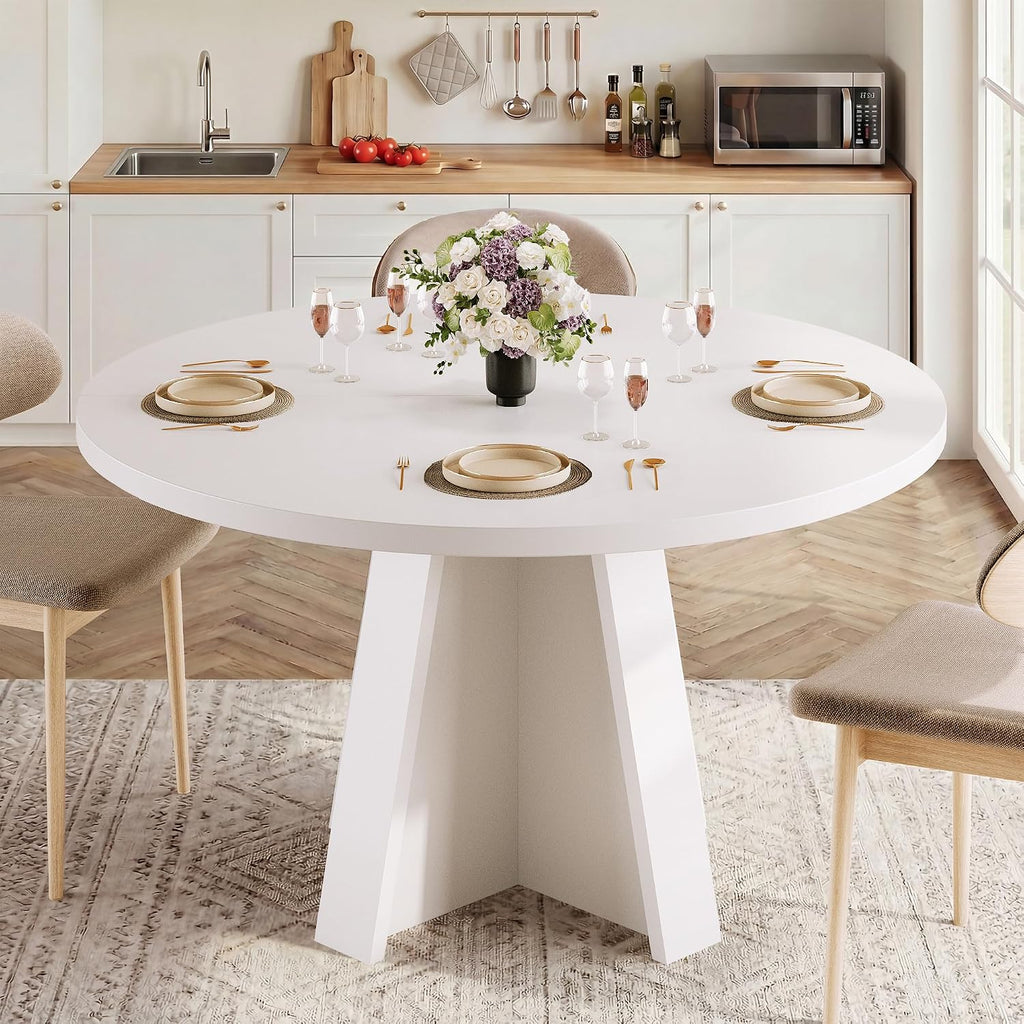 iPormis 47-Inch Round Dining Table for 4-6 People, Modern Wooden Kitchen Table for Dining Room, Farmhouse Circle Dinner Tables Furniture for Kitchen Living Room, White