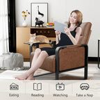 Upholstered Living Room Chair Armchair Set of 2, Mid Century Faux Leather Metal Accent Chair, Reception Couch Office Guest Chair Slipper Club Lounge Single Sofa with Sidetable for Bedroom-Brown