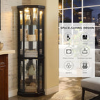 Corner Curio Cabinet, 70" H Lighted Glass Display Cage with Tempered Glass Doors and Adjustable Shelves, Bulb Inclued, Wine Bar China Cabinet for Living Room Liquor Storage (Black)