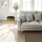 TUP THE URBAN PORT Capri Side End Table, 24.75 Inch Round Glass Top, Antique Gold Finish, Melting Drip Design Base, Modern Glam Accent Table for Living Room, Bedroom and Home Decor Display