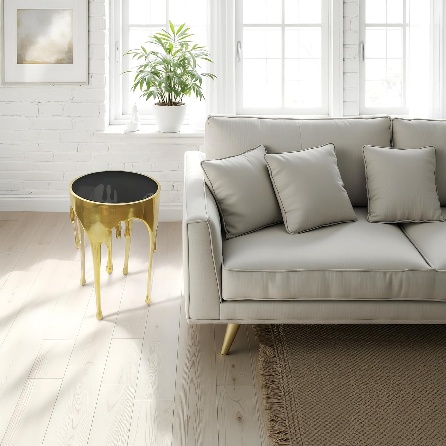 TUP THE URBAN PORT Capri Side End Table, 24.75 Inch Round Glass Top, Antique Gold Finish, Melting Drip Design Base, Modern Glam Accent Table for Living Room, Bedroom and Home Decor Display