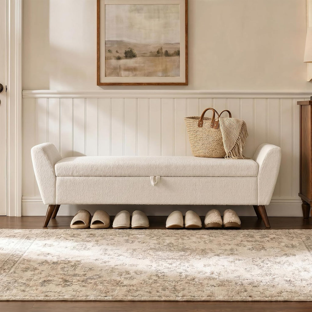 60" Storage Ottoman Bench, Teddy Fabric End of Bed Bench with Solid Wood Legs, Large Hidden Storage for Bedroom & Entryway (Beige)