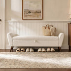 60" Storage Ottoman Bench, Teddy Fabric End of Bed Bench with Solid Wood Legs, Large Hidden Storage for Bedroom & Entryway (Beige)
