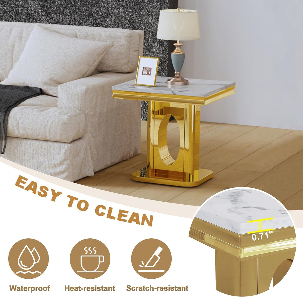 Luxury Square End Table, 23" White Faux Marble Top and Gold Mirror Stainless Steel Base, Modern Side Table for Living Room, Bedroom or Office