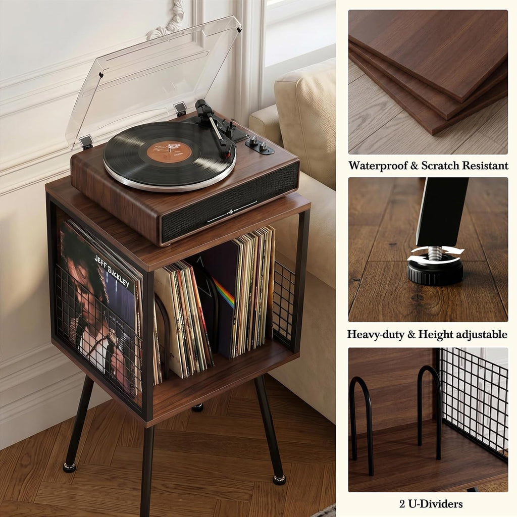 Faesun Record Player Stand with Storage Holds 100+ Vinyl Records, Industrial Turntable Stand with Storage Shelf, LP Album Organizer Cabinet for Small Spaces, Walnut End Table