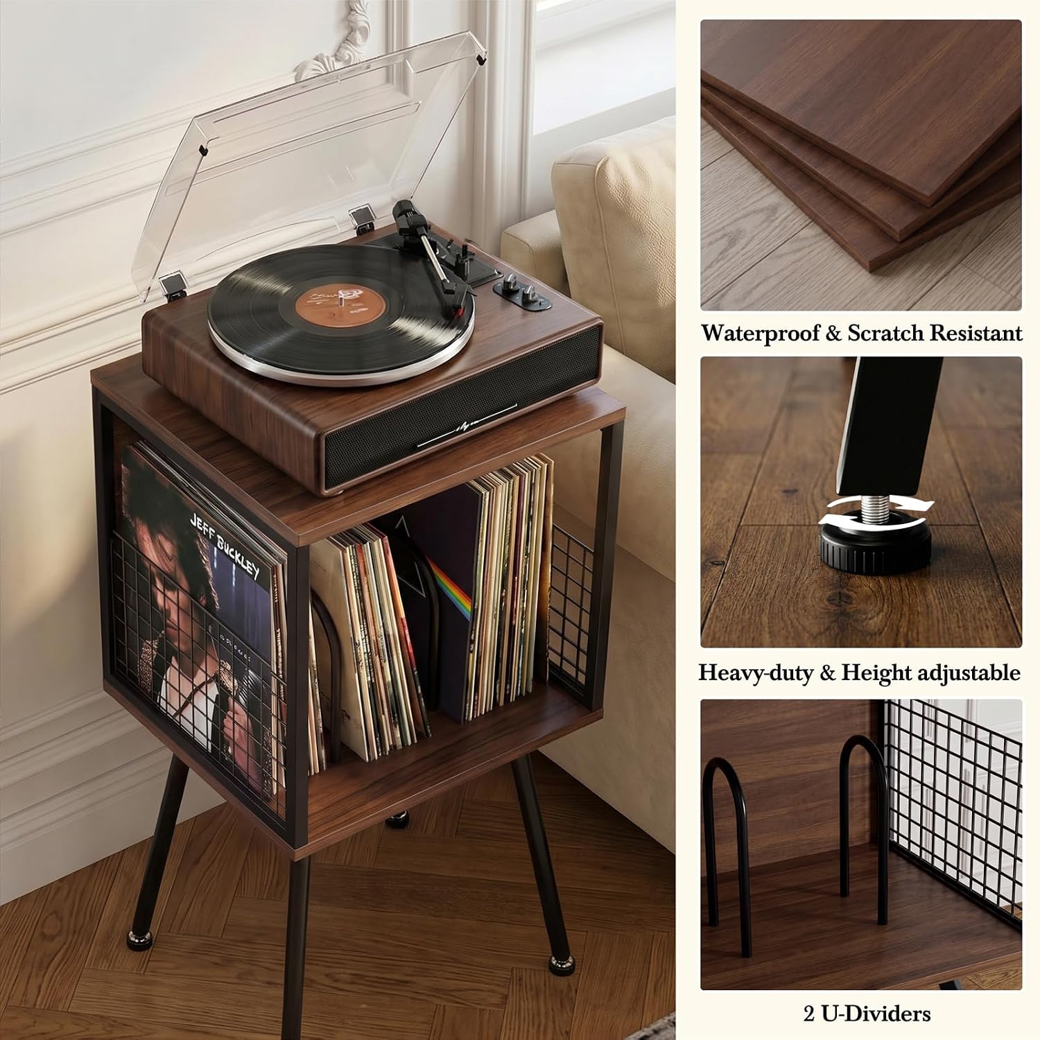 Faesun Record Player Stand with Storage Holds 100+ Vinyl Records, Industrial Turntable Stand with Storage Shelf, LP Album Organizer Cabinet for Small Spaces, Walnut End Table