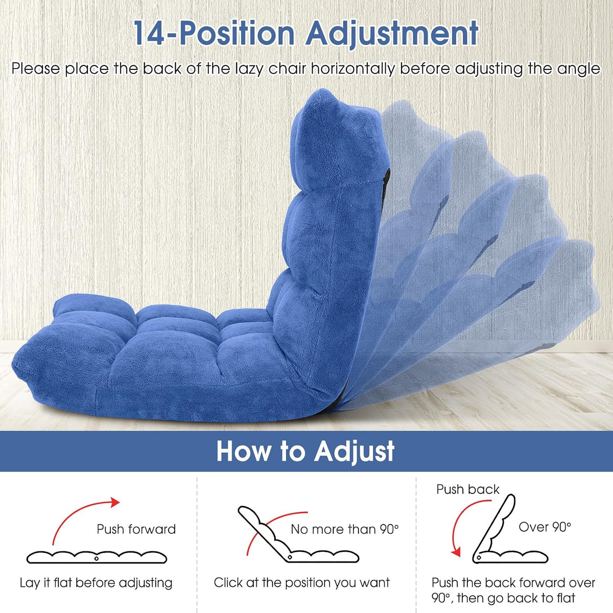 S AFSTAR Cushioned Floor Chair, 14-Position Adjustable Padded Lazy Recliner with Comfortable Back Support and Skin-Friendly Cover, Great for Reading, Playing Game, Meditating (Blue)