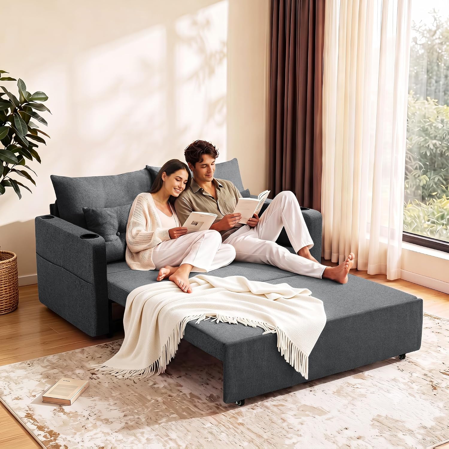 Krcix 3 in 1 Sofa Bed, 56" Convertible Pull Out Couch, Loveseat Sleeper | Multi-Function Couch Bed for Living Room, Small Space-Saving, Sleeper Couches with Storage Pocket, Cup Holder, Charcoal Grey