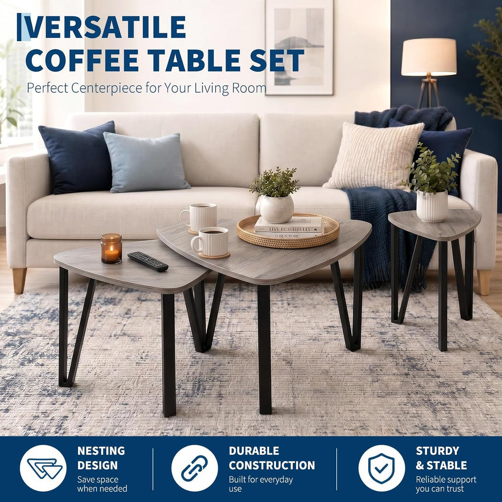 Nesting Coffee Tables Set of 3,Rustic Industrial Triangle Side End Table for Home