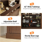 72" Tall Farmhouse Coffee Bar Cabinet with LED Lights – Kitchen Pantry Hutch, Adjustable Shelves, Glass Shelf, Wine Rack, Microwave Stand – Sideboard for Dining/Living Room – Brown-Red