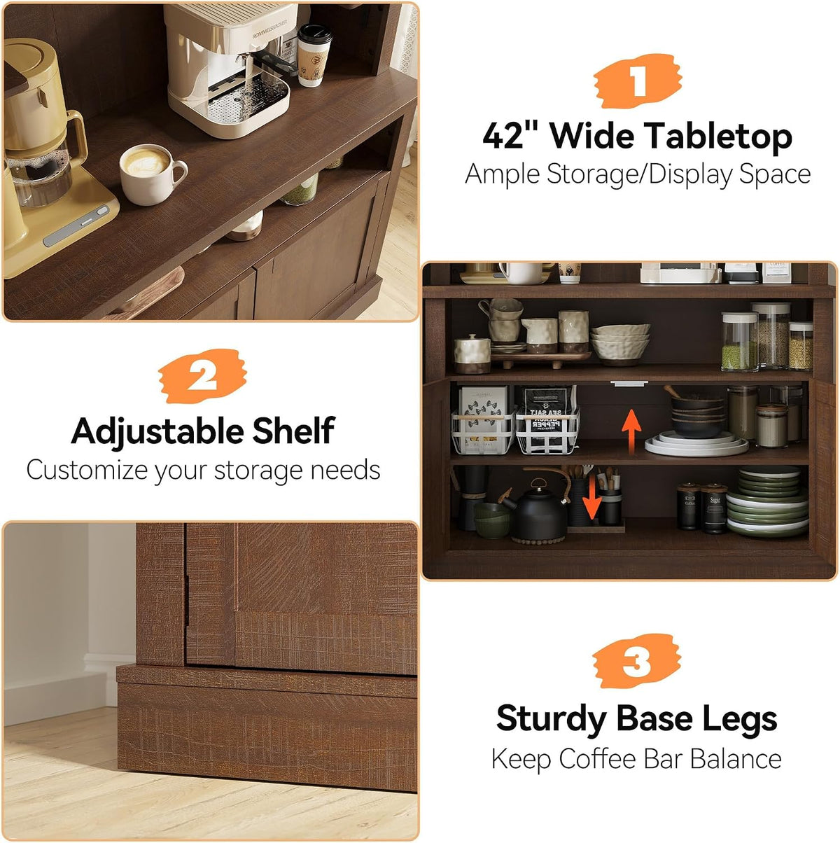 72" Tall Farmhouse Coffee Bar Cabinet with LED Lights – Kitchen Pantry Hutch, Adjustable Shelves, Glass Shelf, Wine Rack, Microwave Stand – Sideboard for Dining/Living Room – Brown-Red