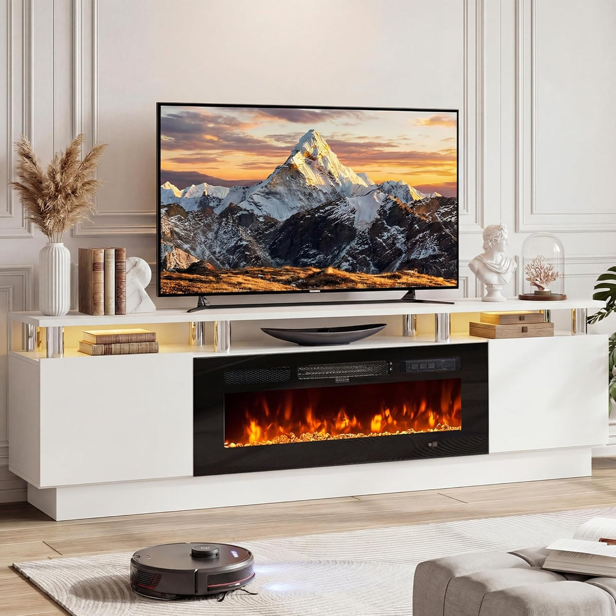 70" Fireplace TV Stand for TVs UP to 80", Electric Fireplace Entertainment Center with LED Lights & Storage Cabinets, TV Console for Living Room, Office, White-Black