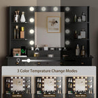 HUANLEGO Vanity Desk with Mirror and Lights, Makeup Vanity with Mirror and LED Lights & Power Outlet, 3 Drawers and Cabinets, 3 Lighting Modes Dressing Table Set for Girls Women Bedroom,Black