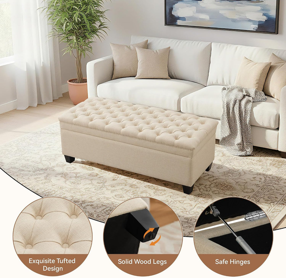 50" Storage Ottoman Bench, Rectangular End of Storage Bench, Upholstered Large Fabric Tufted Ottoman with Storage for Living Room, Bedroom, Entryway,Khaki
