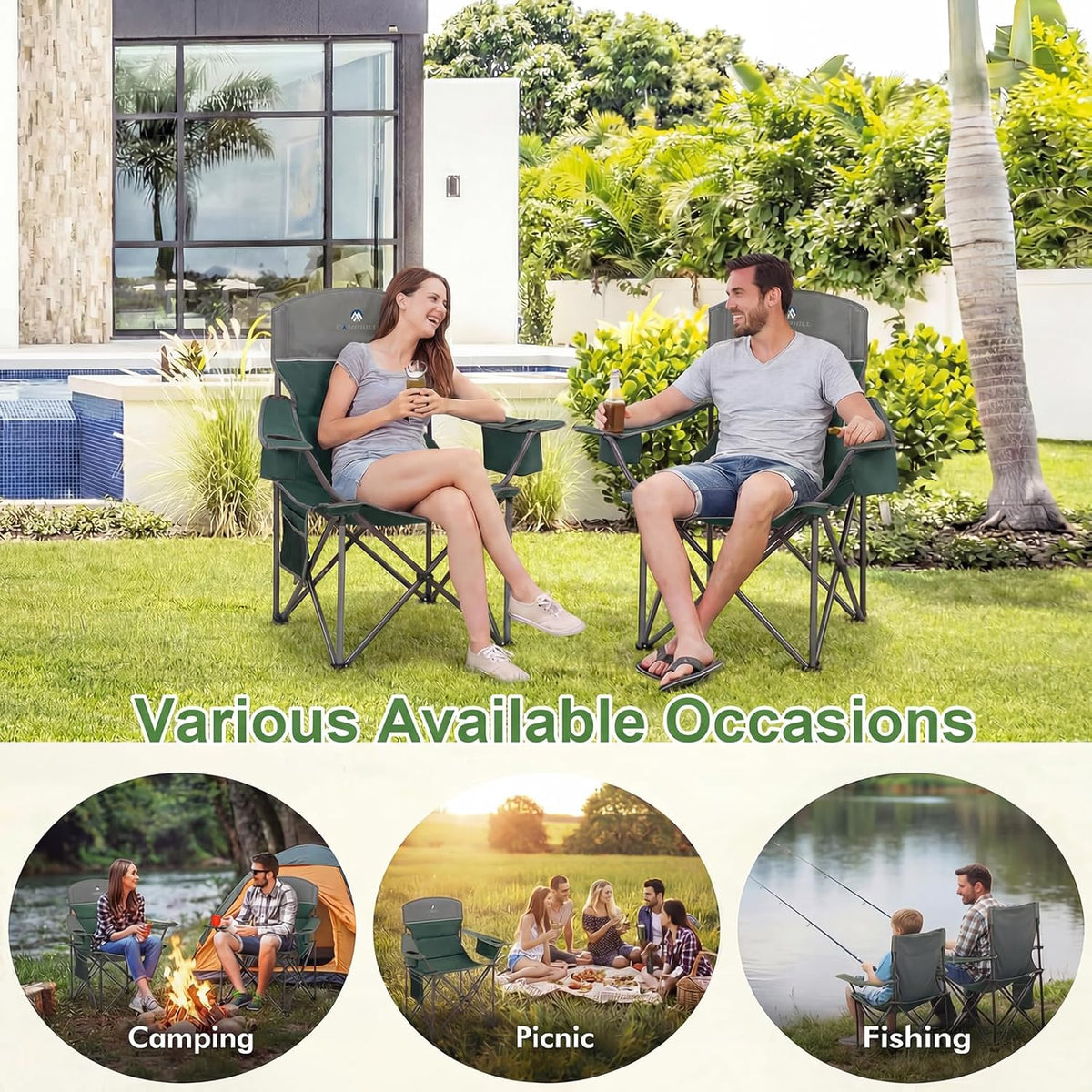 Oversized Camping Chairs 2 Pack - Heavy Duty 400LBS Padded Lawn Chair with Cooler Bag,Cup Holder,Side Pocket,Collapsible for Outdoor,Camp,Fishing & Garden,Dark Green
