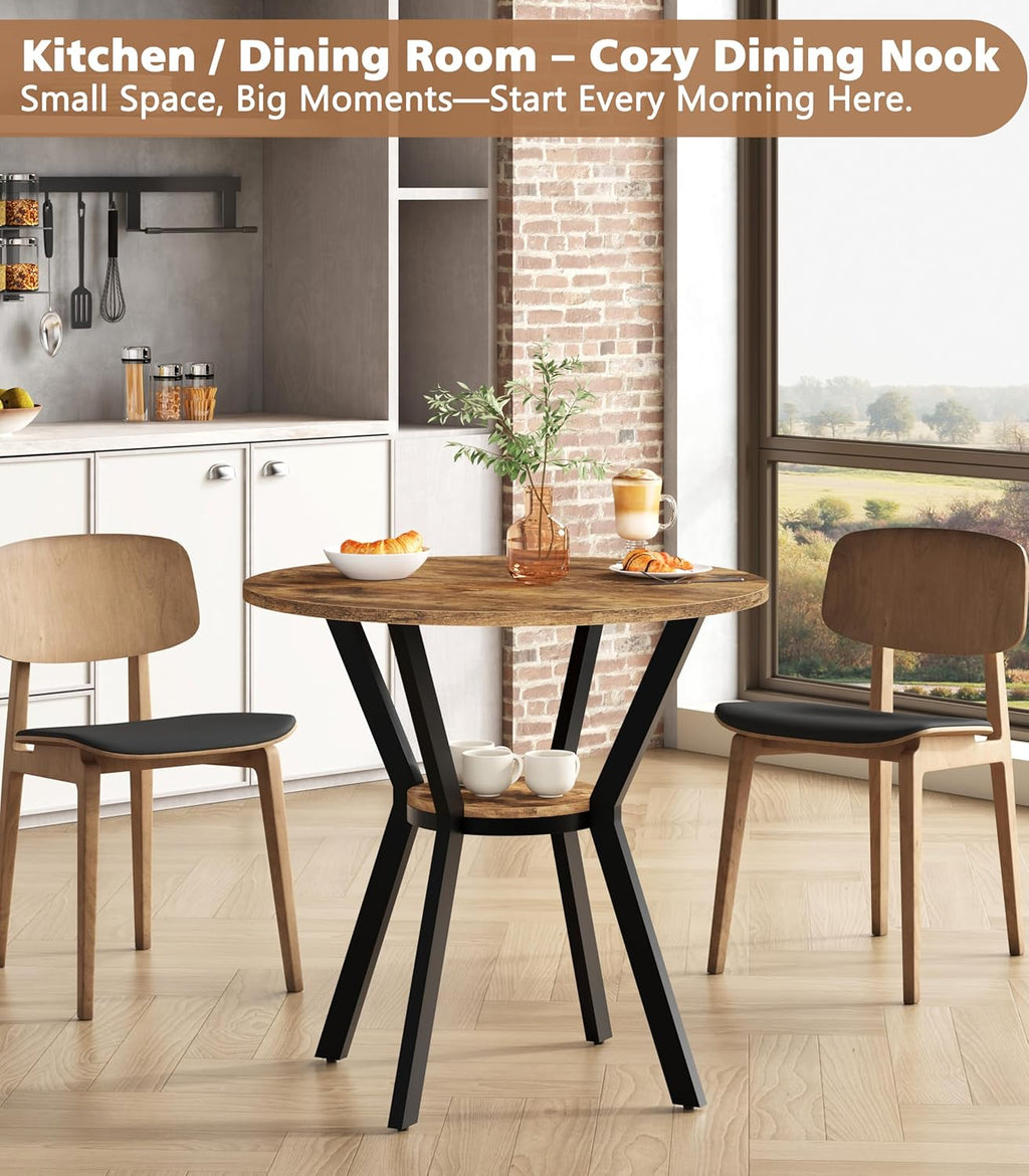 MECHYIN 31.5" Round Kitchen Table for 2-4, Small Round Dining Table with Storage, Rustic Wood Circle Table with Metal Legs, Compact Dining Room Table for Kitchen, Cafe, Apartment and Small Space