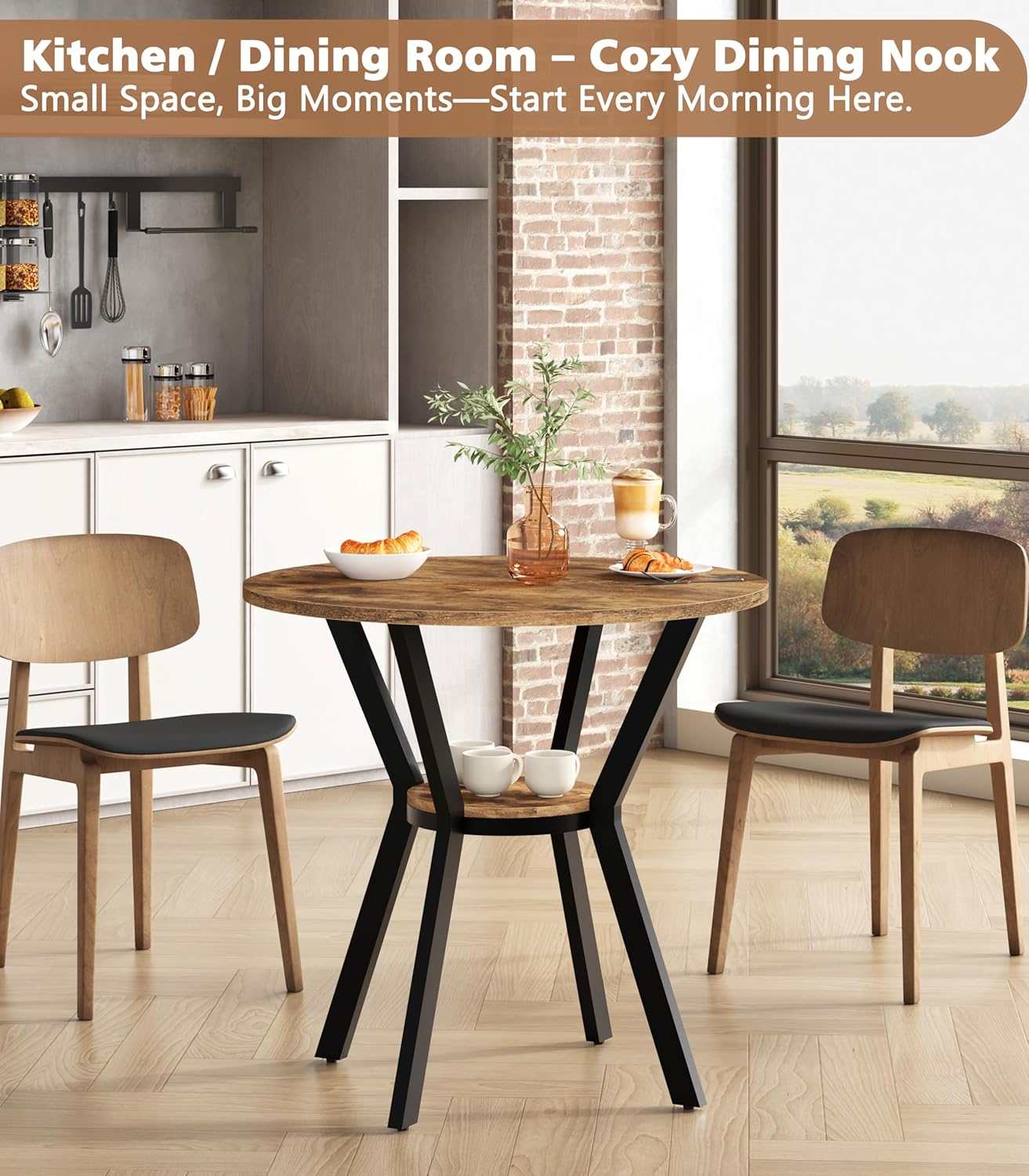 MECHYIN 31.5" Round Kitchen Table for 2-4, Small Round Dining Table with Storage, Rustic Wood Circle Table with Metal Legs, Compact Dining Room Table for Kitchen, Cafe, Apartment and Small Space