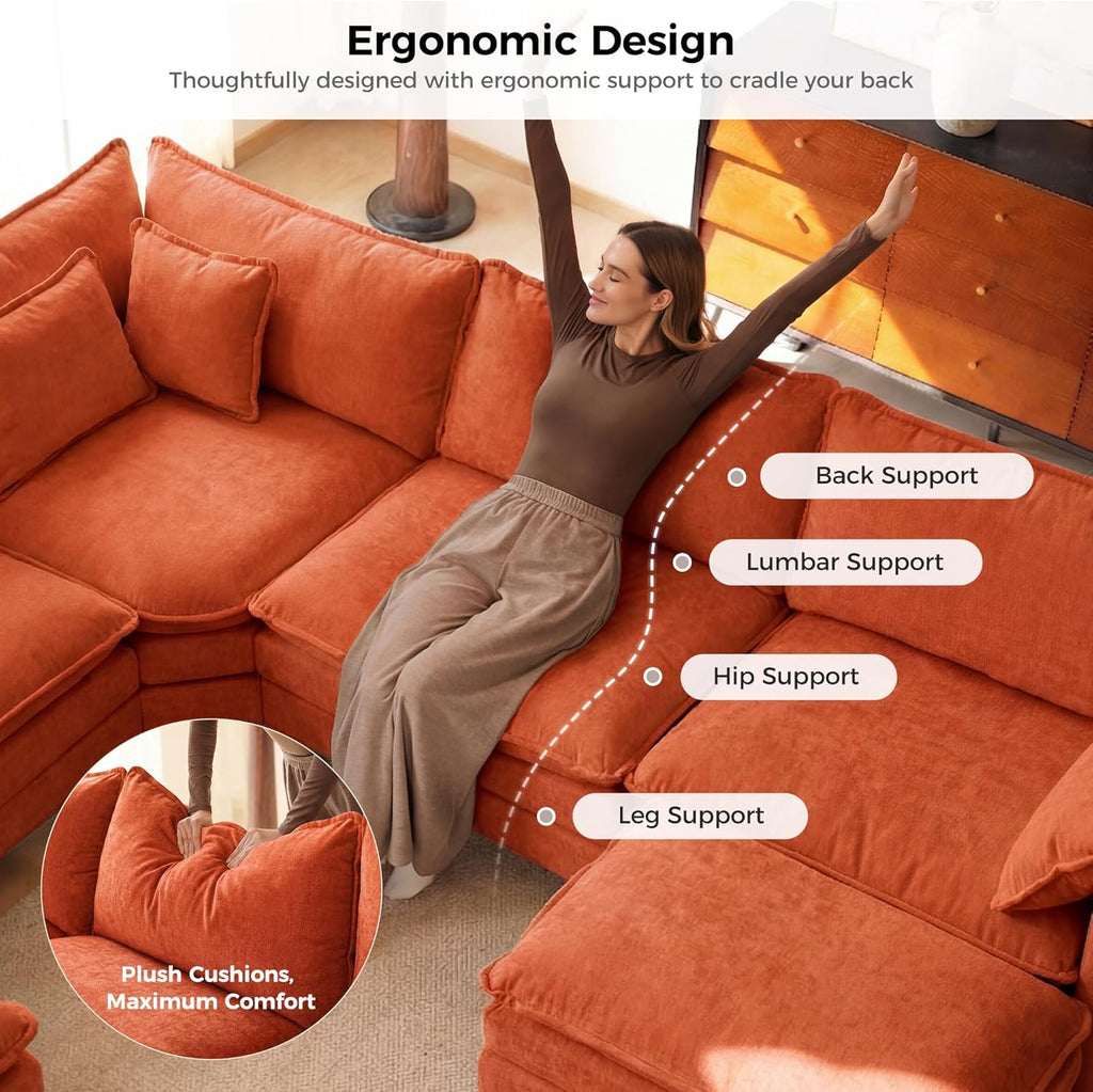ELUCHANG 114" Oversized Modular Sectional Sofa, Comfy Chenille Cloud Couch, 7-Seater V Shaped Modern Deep Seat Sofa w/Removable Covers for Living Room, Bedroom, DIY Combination - Terracotta