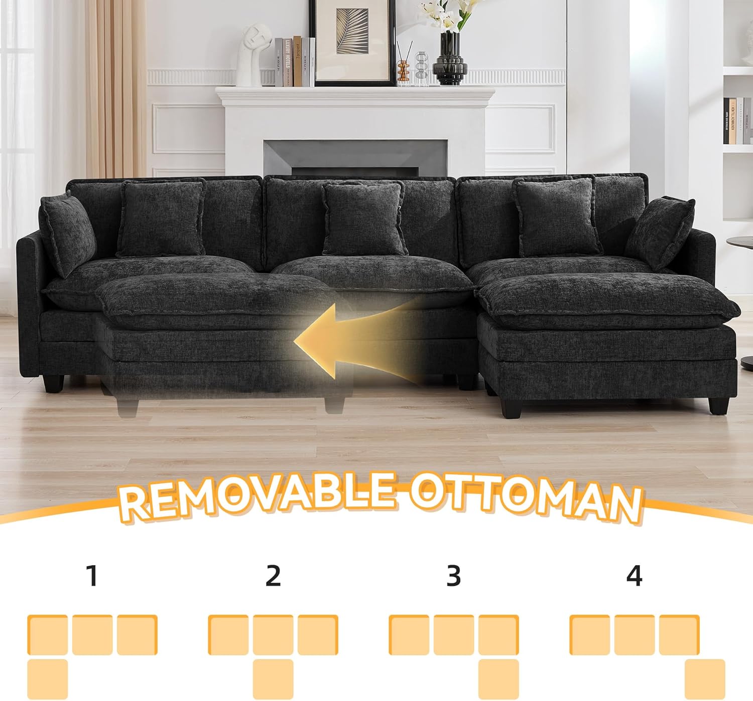 111'' Sectional Cloud Deep Seat Couch, Modern Comfy Chenille L Shaped Sectional Sofa for Living Room Set, Upholstered Modular 4-Seats Sofa Couch with 1 Movable Ottoman, Dark Grey