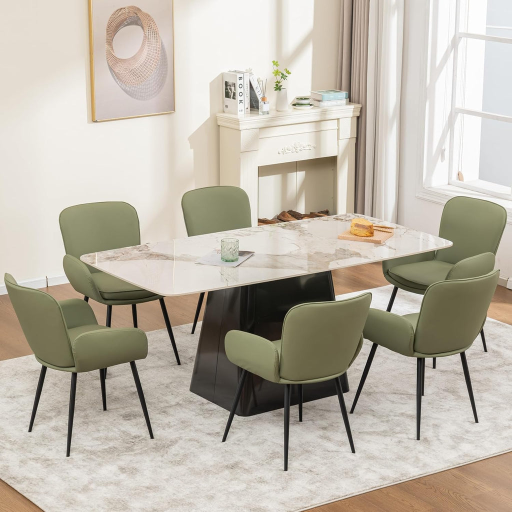VKNOW Modern Faux Leather Dining Chairs Set of 6 with Armrest, Green | Armed Dining Room Chairs with Metal Legs, Kitchen Chairs for Restaurant Kitchen Living Room
