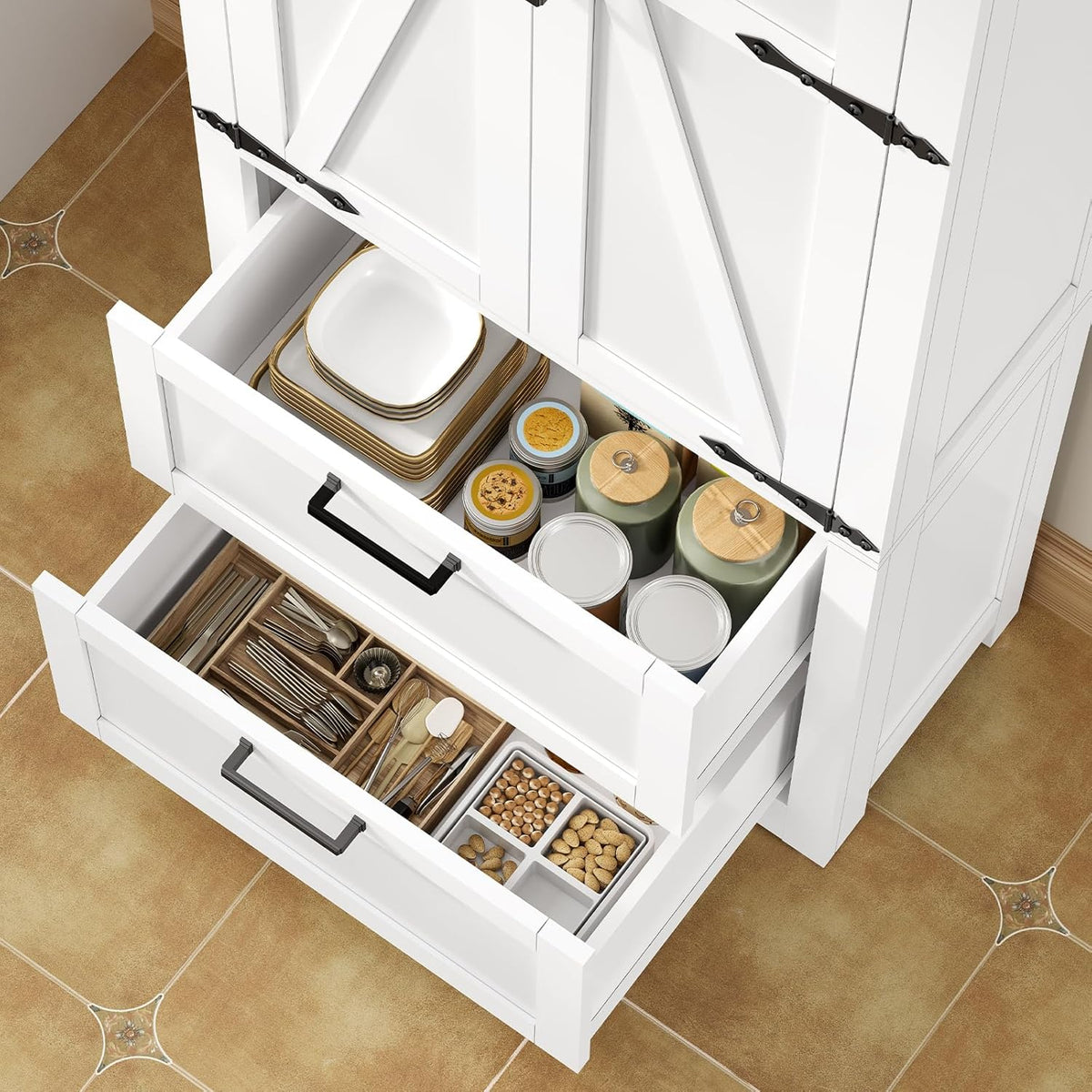 TEENFON 66.1" H Storage Cabinet with 2 Drawers, Farmhouse Kitchen Pantry Cabinet with 2 Doors & Adjustable Shelf, Bathroom Cabinet, for Living Room, Kitchen, Bathroom, White