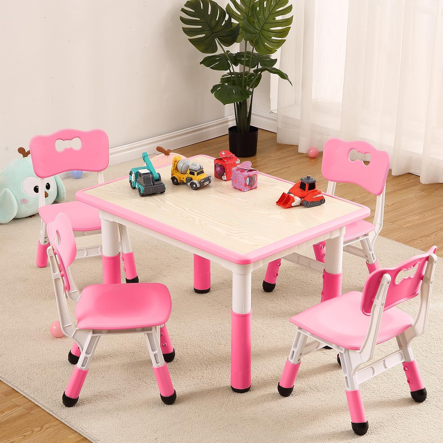 Kids Table and Chairs, Height Adjustable Toddler Table and 4 Chair, Multi-Activity Table with Graffiti Desktop Non-Slip Legs for Ages 2-10, Children Activity Table for Daycare, Classroom, Home